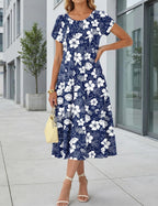 Vestido midi feminino linha A com mangas bufantes e bolsos laterais