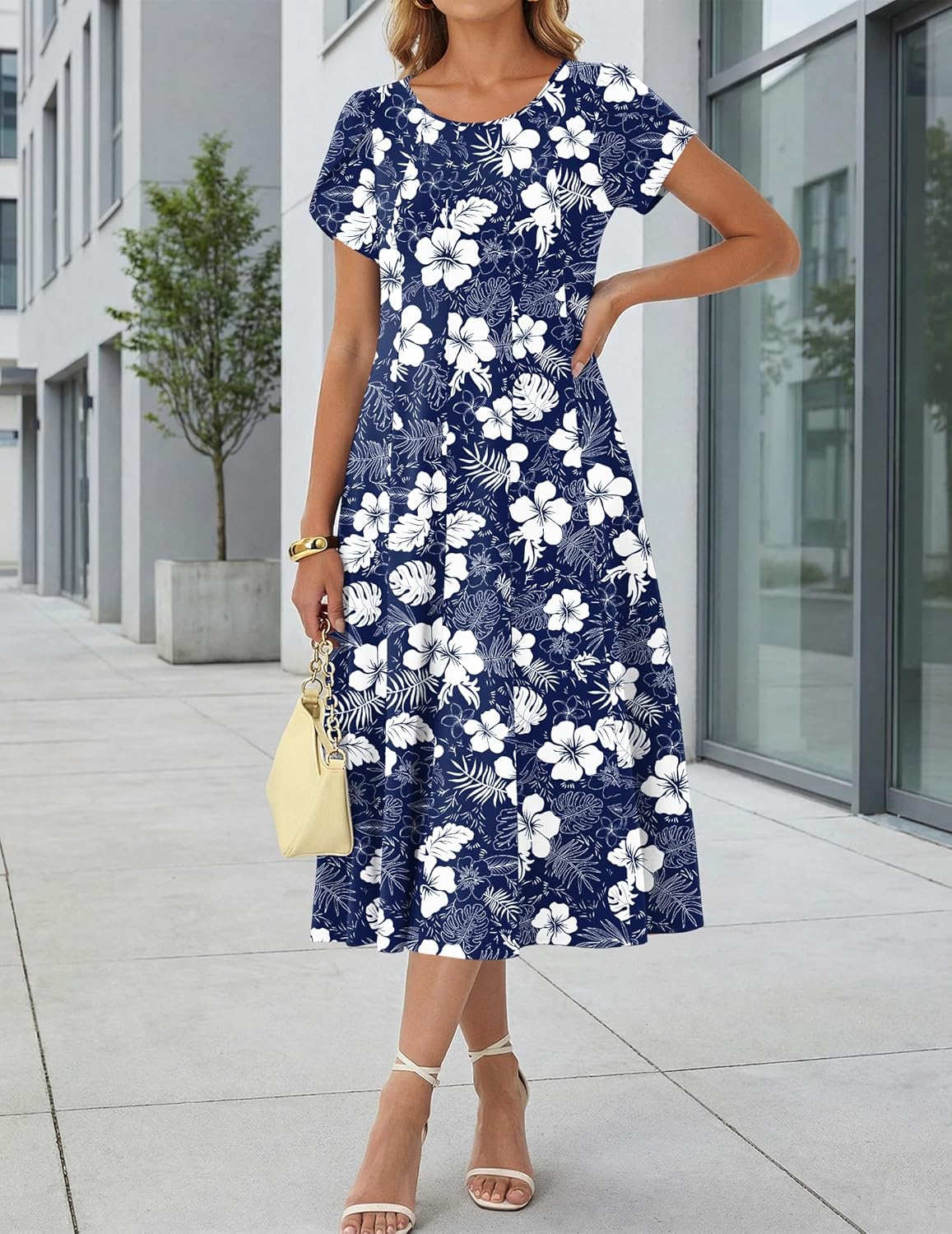Vestido midi feminino linha A com mangas bufantes e bolsos laterais