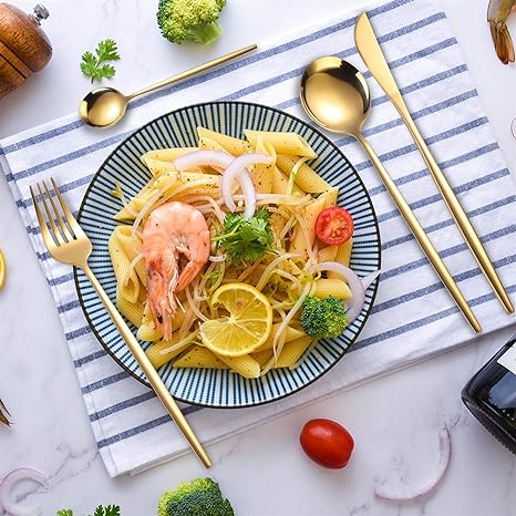 Conjunto de talheres 24 peças aço inoxidável com acabamento ouro e prata, alto brilho