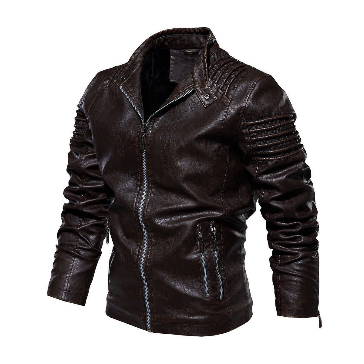 Biker jacket homem couro sintético com ombros estruturados e forro fleece