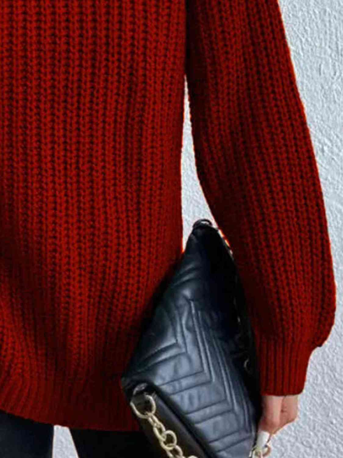 Camisola feminina gola alta canelada com fenda lateral outono inverno
