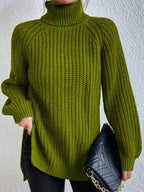 Camisola feminina gola alta canelada com fenda lateral outono inverno