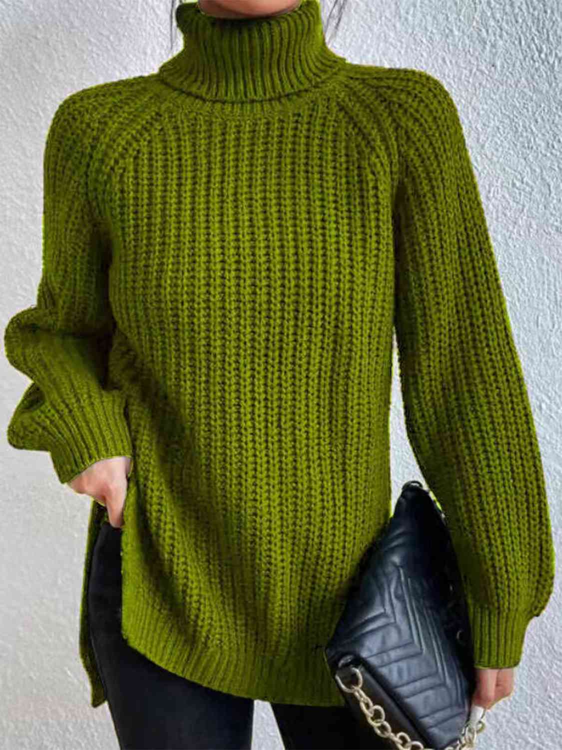 Camisola feminina gola alta canelada com fenda lateral outono inverno