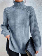 Camisola feminina gola alta canelada com fenda lateral outono inverno