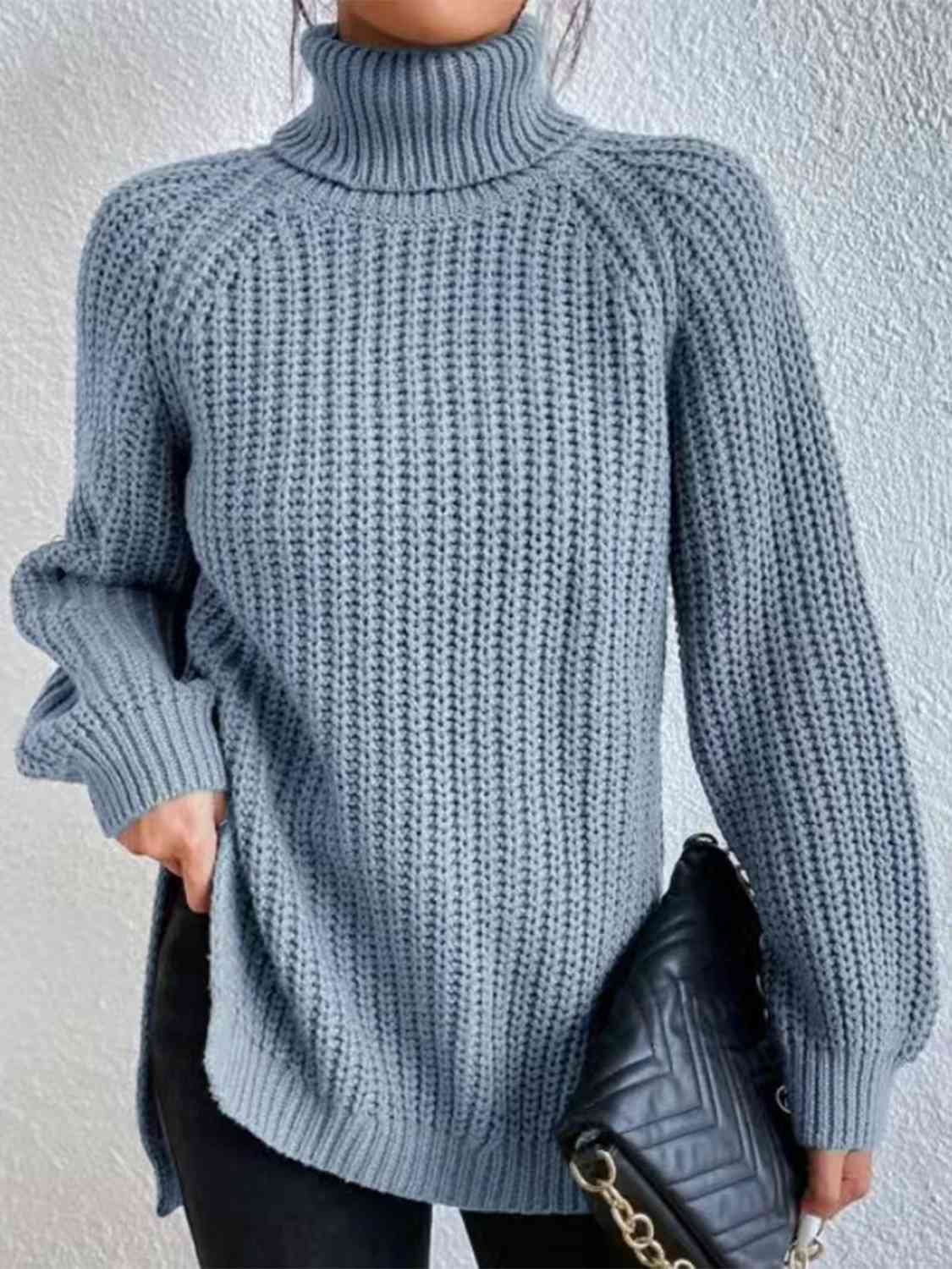 Camisola feminina gola alta canelada com fenda lateral outono inverno
