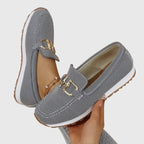 Tênis loafer ortopédico feminino mesh leve com detalhe dourado