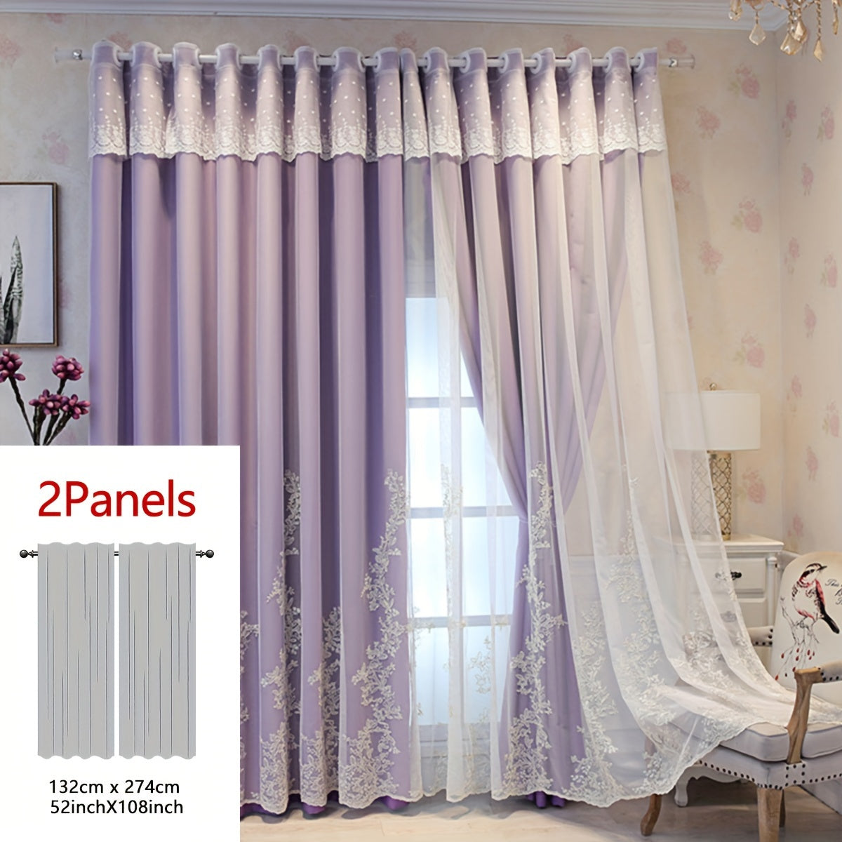 Cortinas bordadas fadas conjunto 2 painéis com filtragem de luz e argolas em poliéster