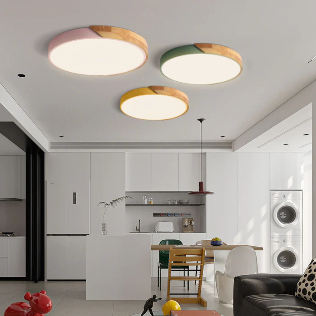 Candeeiro de teto LED design escandinavo com madeira natural, plafon moderno