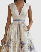 Vestido maxi floral manga longa decote V plissado com laço na cintura feminino