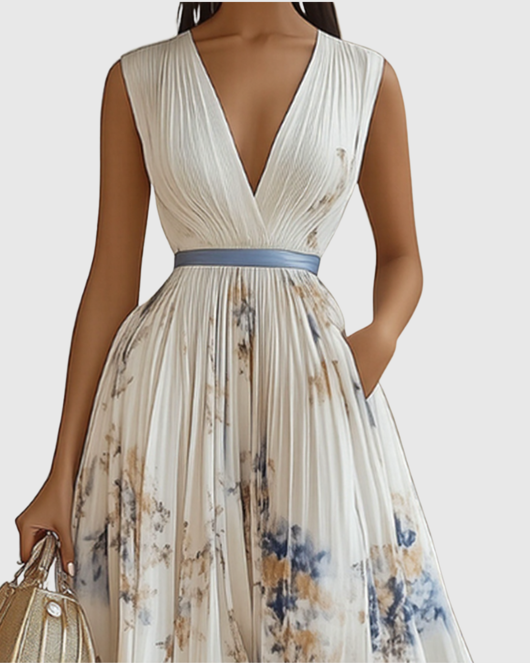 Vestido maxi floral manga longa decote V plissado com laço na cintura feminino