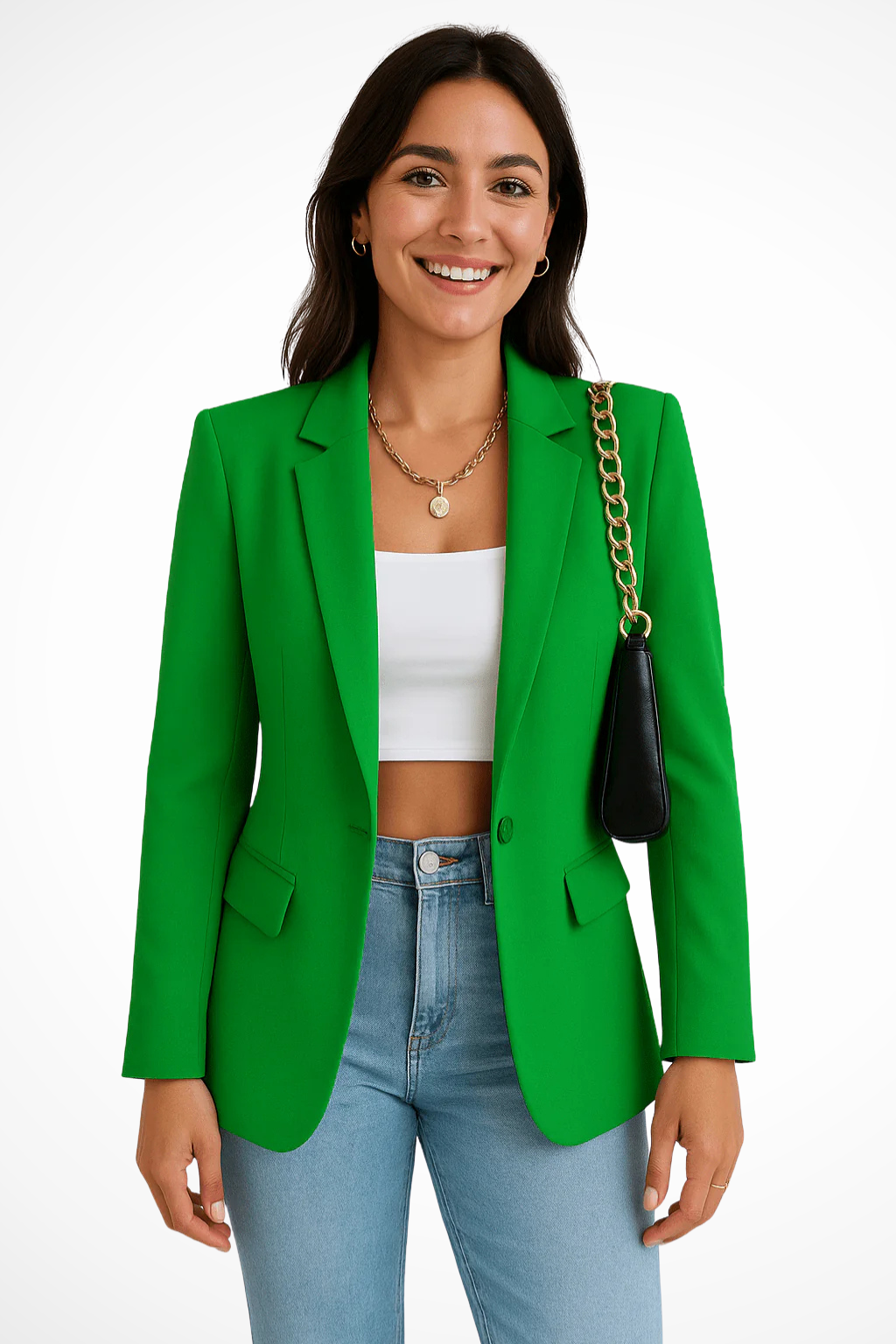Blazer feminino estruturado com botão único e lapela, corte alfaiatado