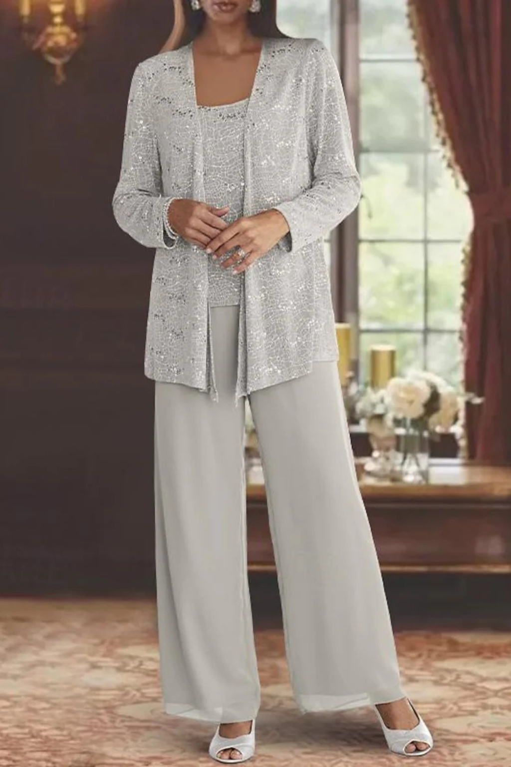 Conjunto feminino 3 peças renda lantejoulas casaco e calça perna larga