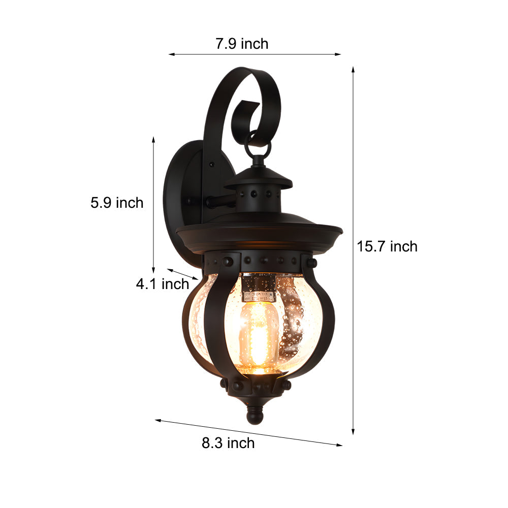 Lanterna de parede exterior LED com braço curvo e globo de vidro semeado, acabamento preto mate