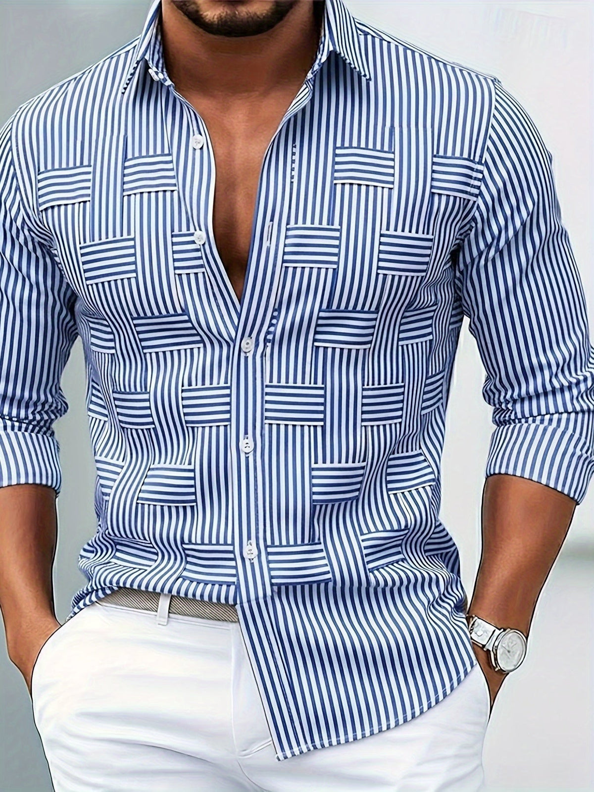 Camisa masculina listrada manga longa lavagem vintage efeito desgastado