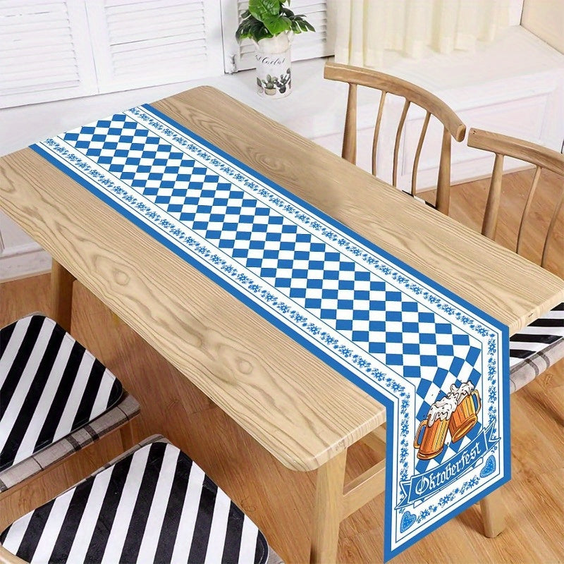 Caminho de mesa Oktoberfest padrão losango azul e branco com motivos bávaros 33×183 cm