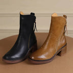 Botas ankle femininas de couro liso com salto bloco e zipper lateral