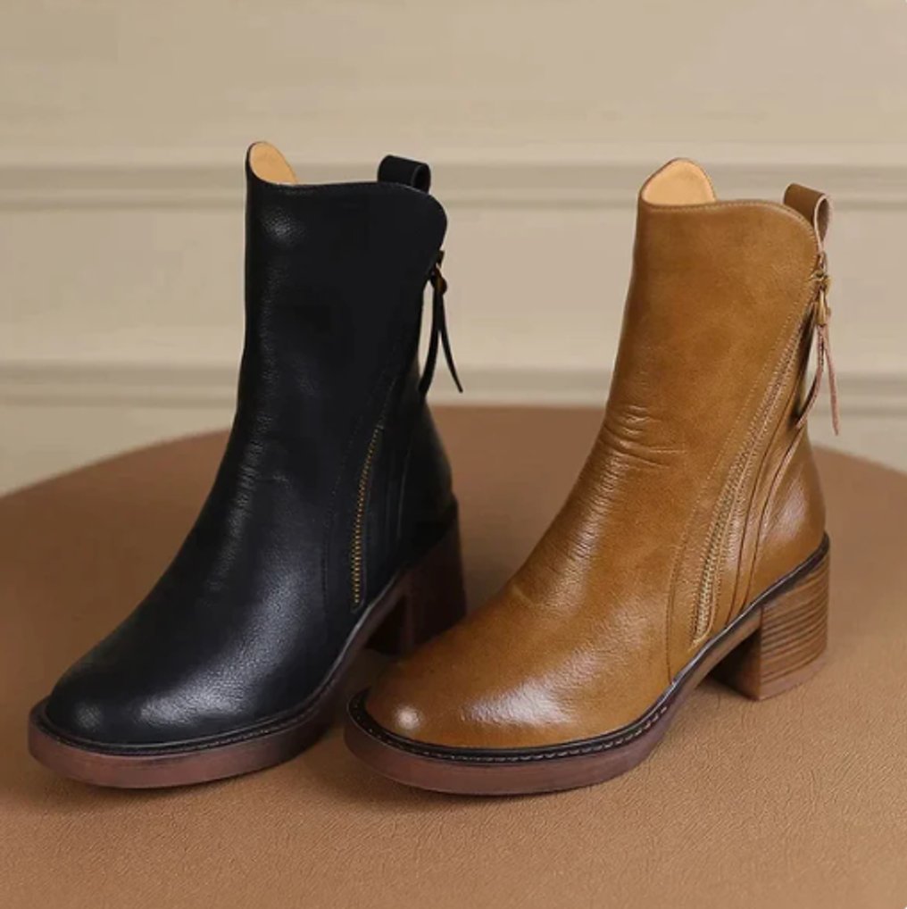 Botas ankle femininas de couro liso com salto bloco e zipper lateral