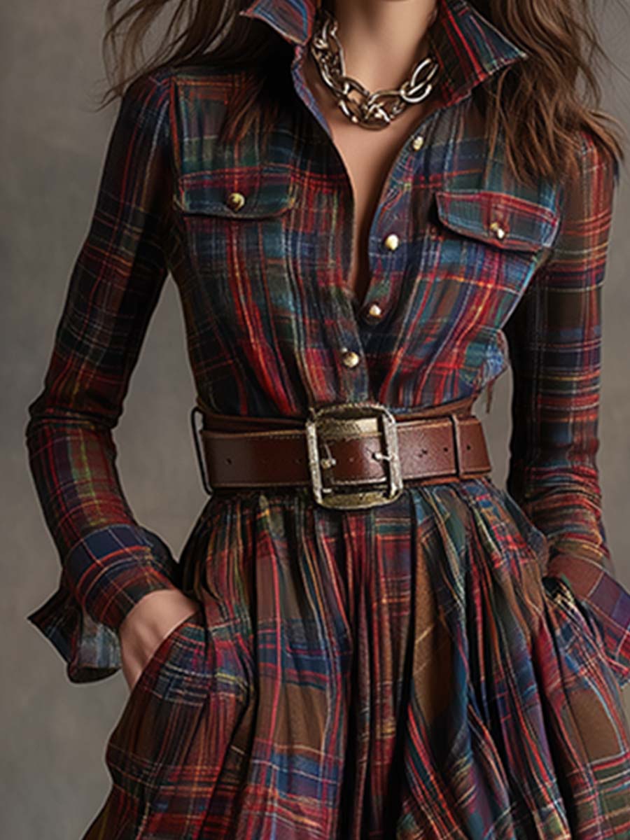 Vestido maxi xadrez étnico retrô com lapela e cinto, manga longa