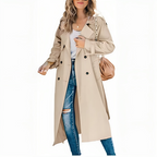Trench coat feminina corte ajustado gola lapela com cinto removível