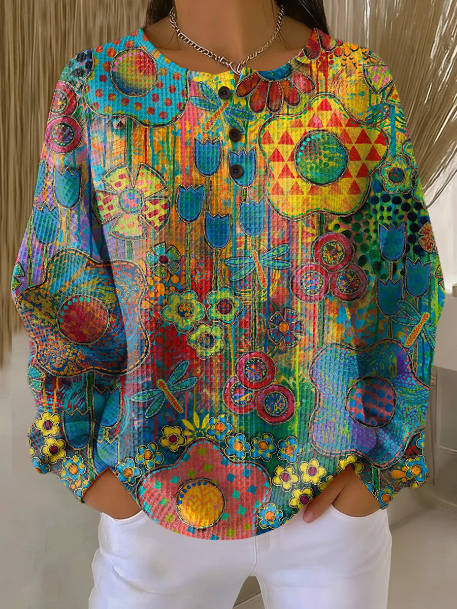 Camisola feminina floral waffle dupla camada relaxada multicolorida