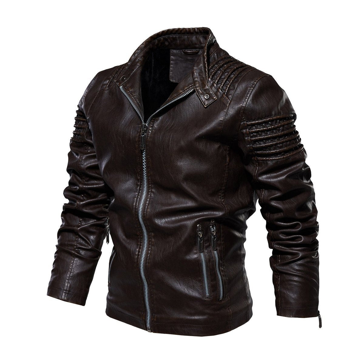 Biker jacket homem couro sintético com ombros estruturados e forro fleece