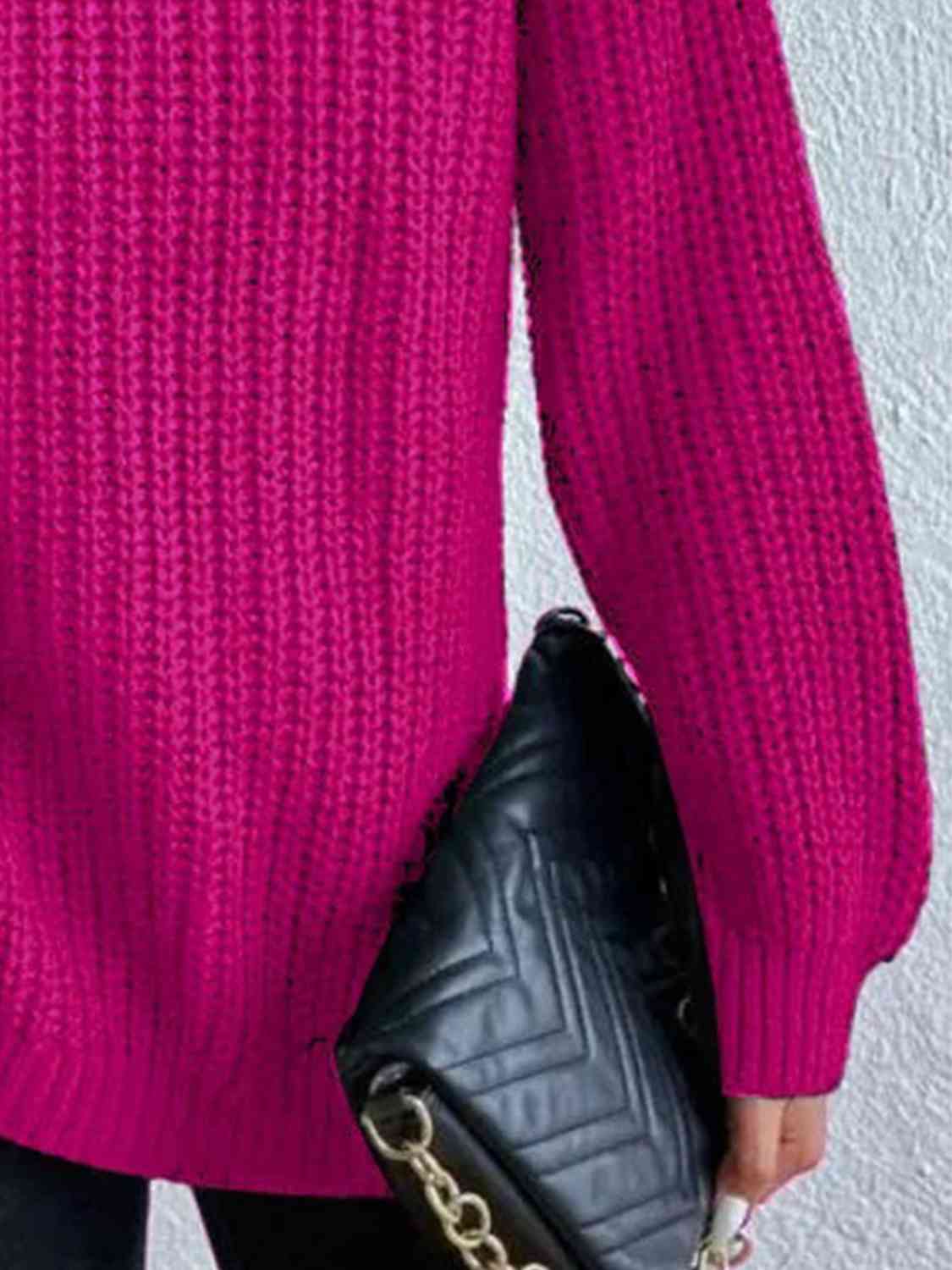 Camisola feminina gola alta canelada com fenda lateral outono inverno