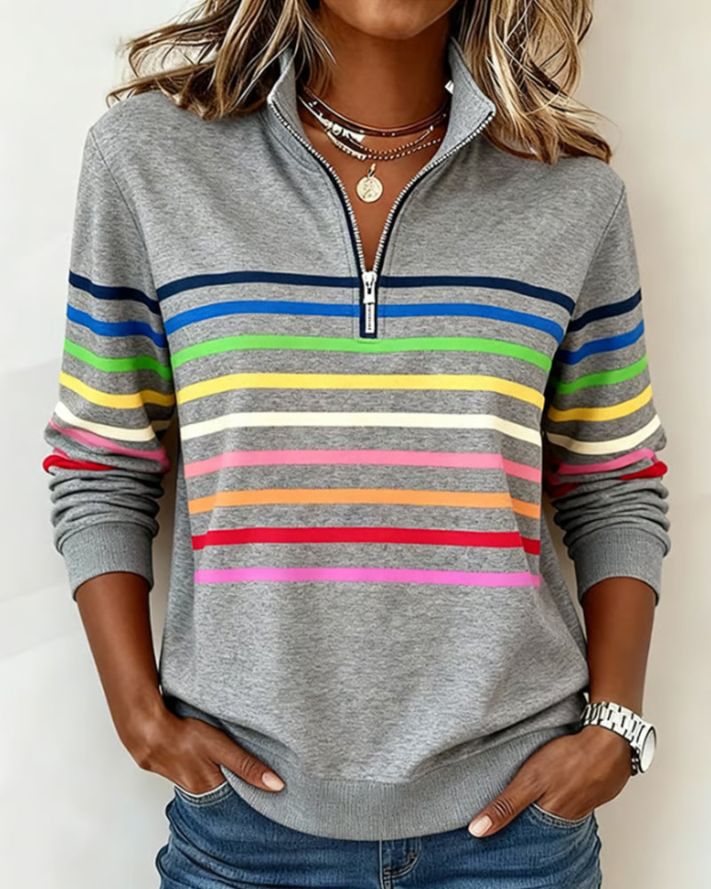 Pullover masculino listrado com zíper no decote caimento folgado