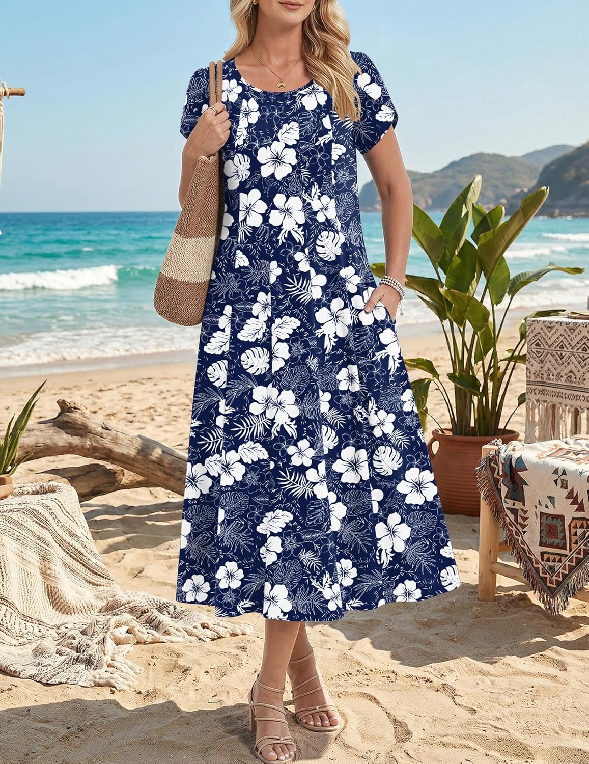 Vestido midi feminino linha A com mangas bufantes e bolsos laterais