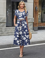 Vestido midi feminino linha A com mangas bufantes e bolsos laterais