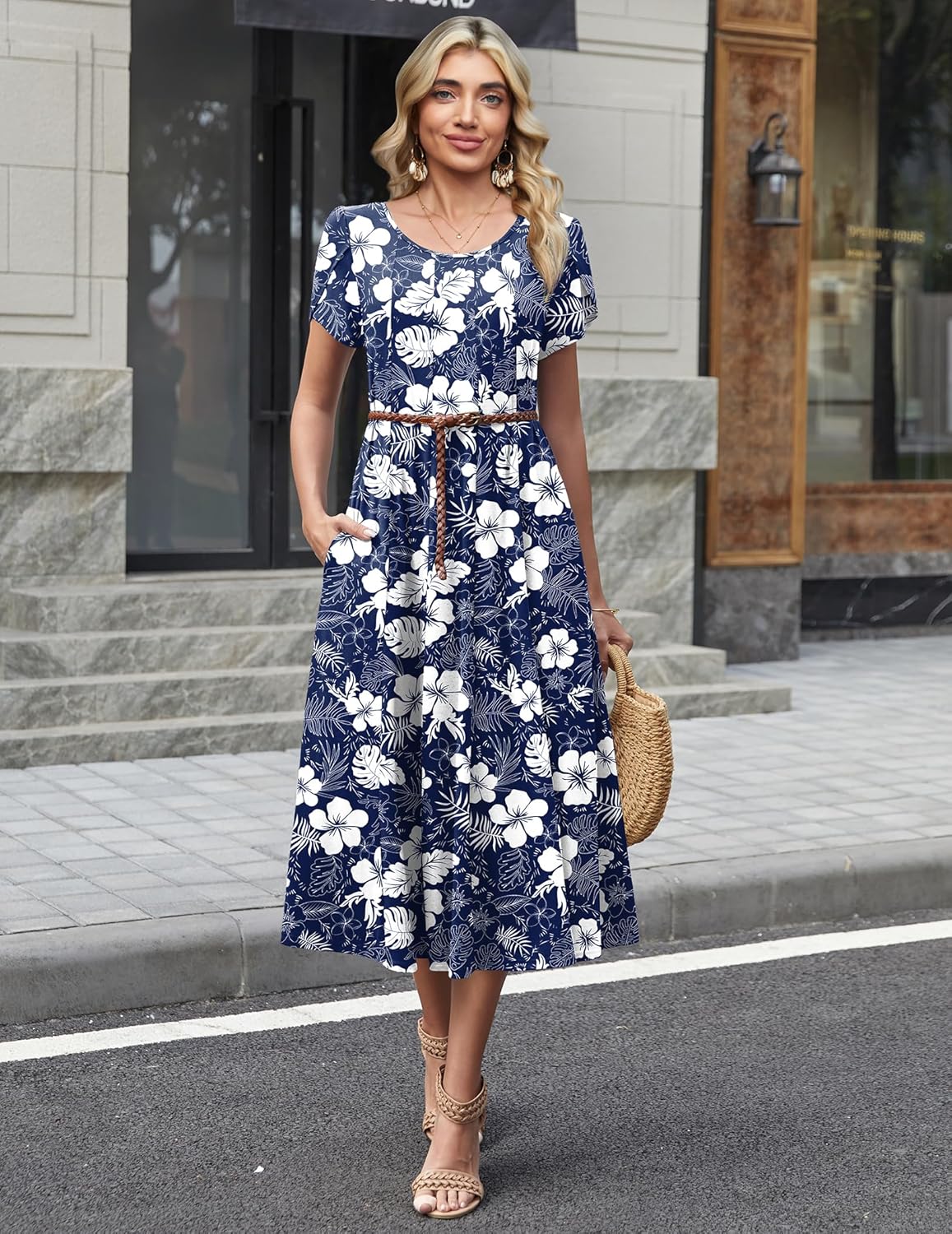 Vestido midi feminino linha A com mangas bufantes e bolsos laterais