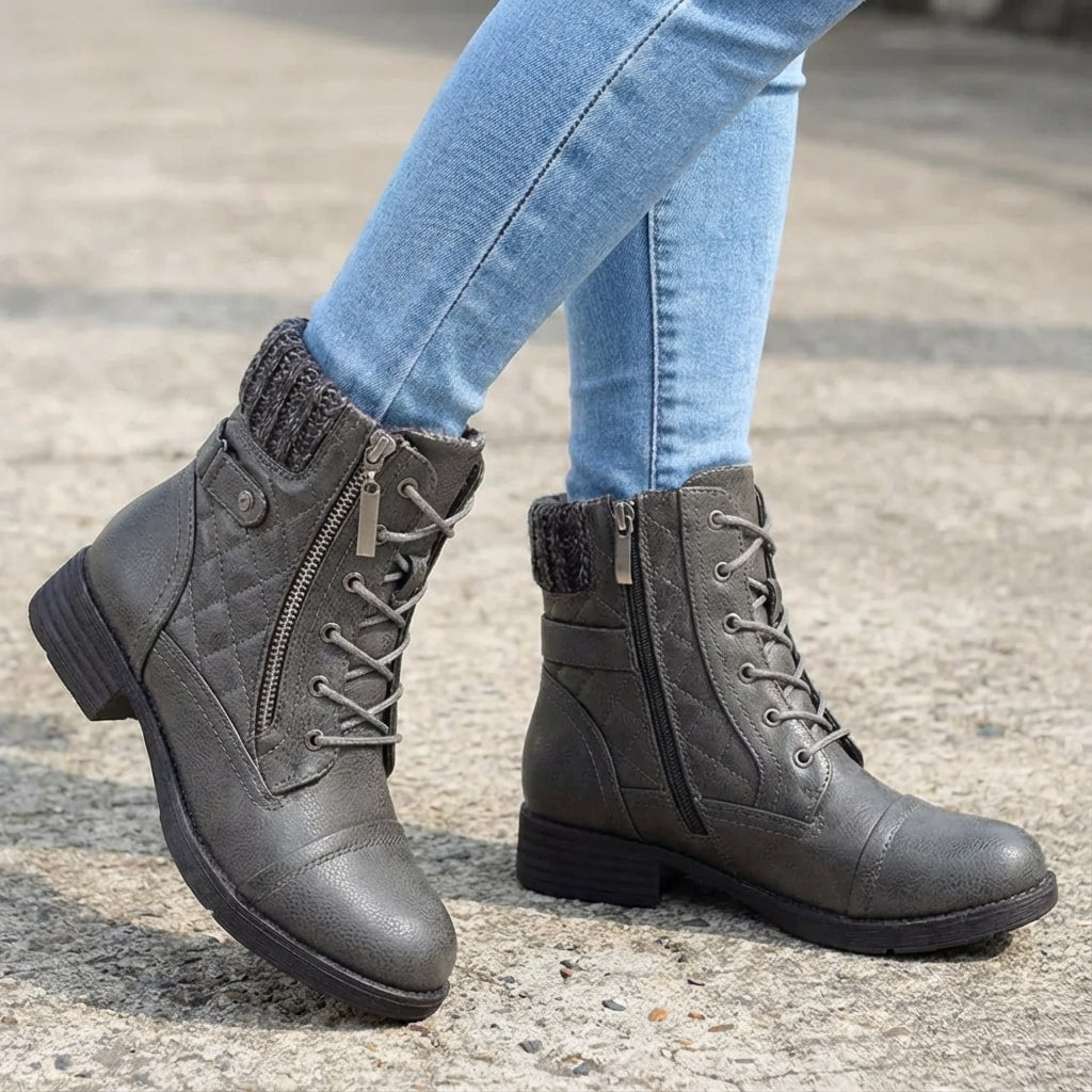 Botins de couro femininos com salto bloco baixo e zíper lateral