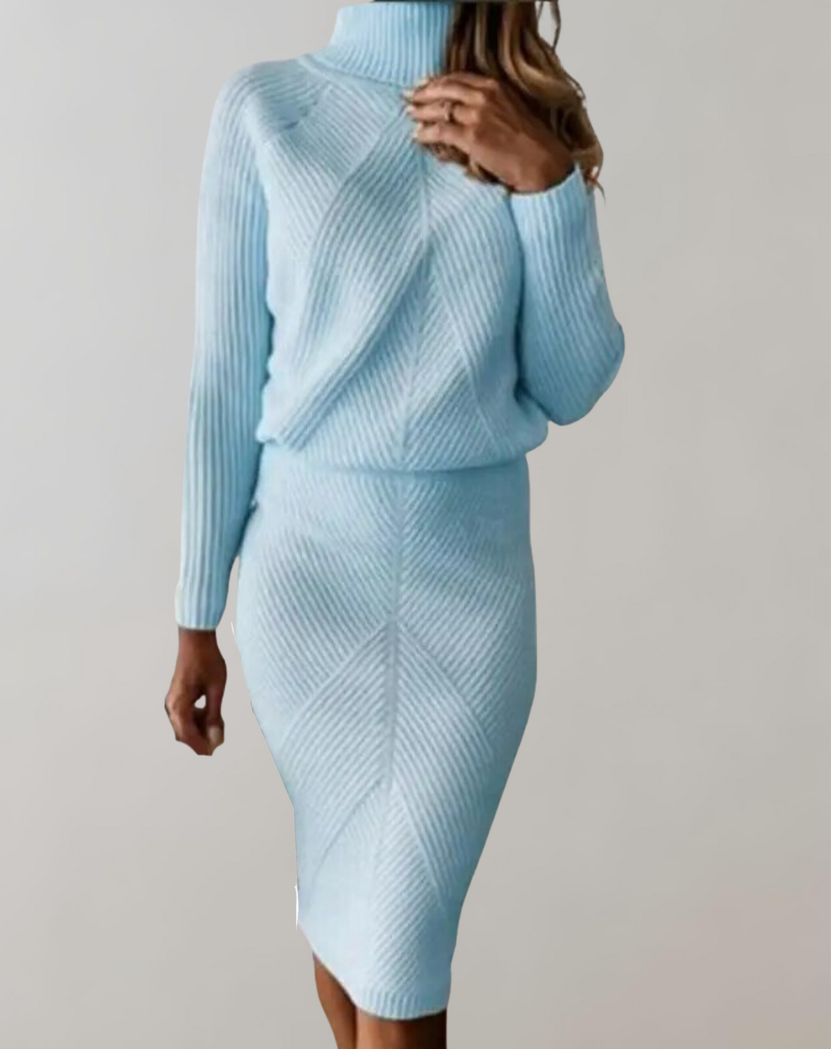 Conjunto feminino tricot gola alta com saia slim, malha premium outono inverno