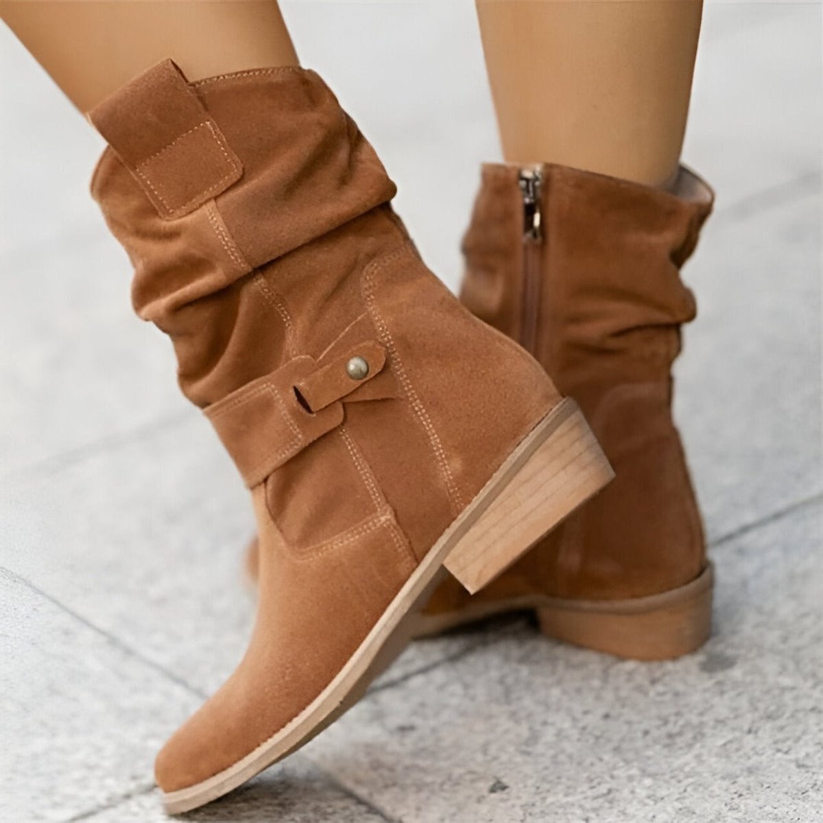 Botas cano alto femininas slouchy camurça sintética com salto bloco e zip lateral