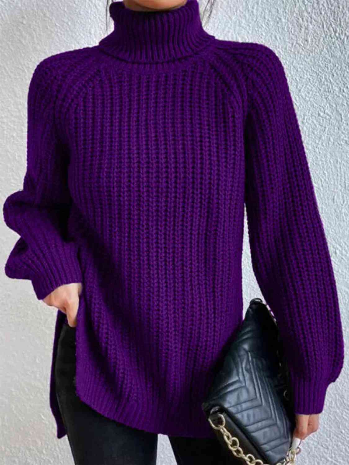 Camisola feminina gola alta canelada com fenda lateral outono inverno