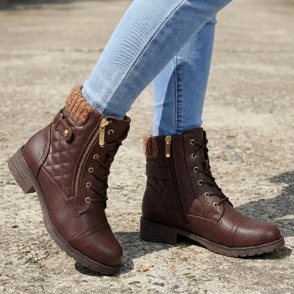 Botins de couro femininos com salto bloco baixo e zíper lateral