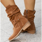Botins slouch femininos com punho dobrável e salto bloco baixo