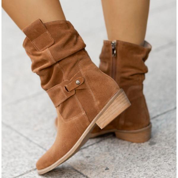 Botins slouch femininos com punho dobrável e salto bloco baixo