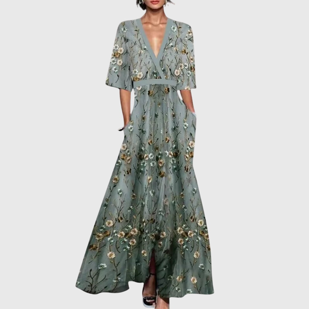 Vestido feminino floral com cinto de cintura e saia evasê