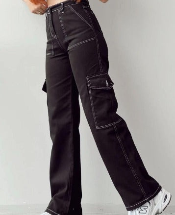 Calças cargo jeans femininas com multibolsos corte casual