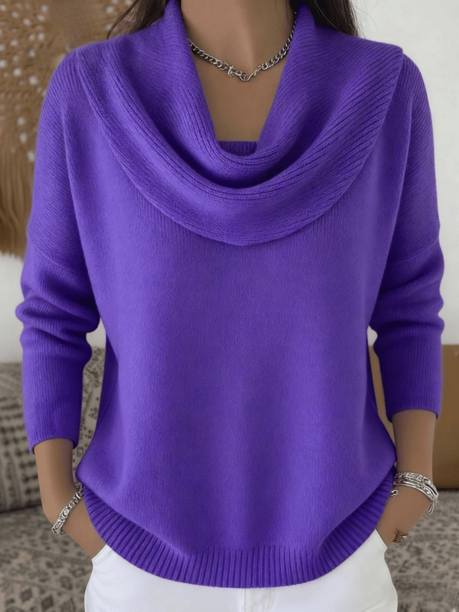 Camisola feminina lã merino gola cowl drapeada corte relaxado