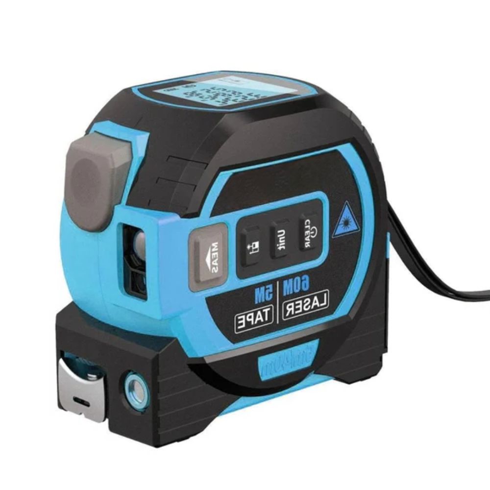 Fita métrica laser 3 em 1 infravermelha com visor LCD retroiluminado, amarelo e azul