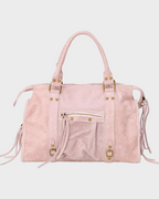 Bolsa tote couro legítimo bege rosa com hardware dourado e fecho zip