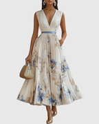 Vestido maxi floral manga longa decote V plissado com laço na cintura feminino