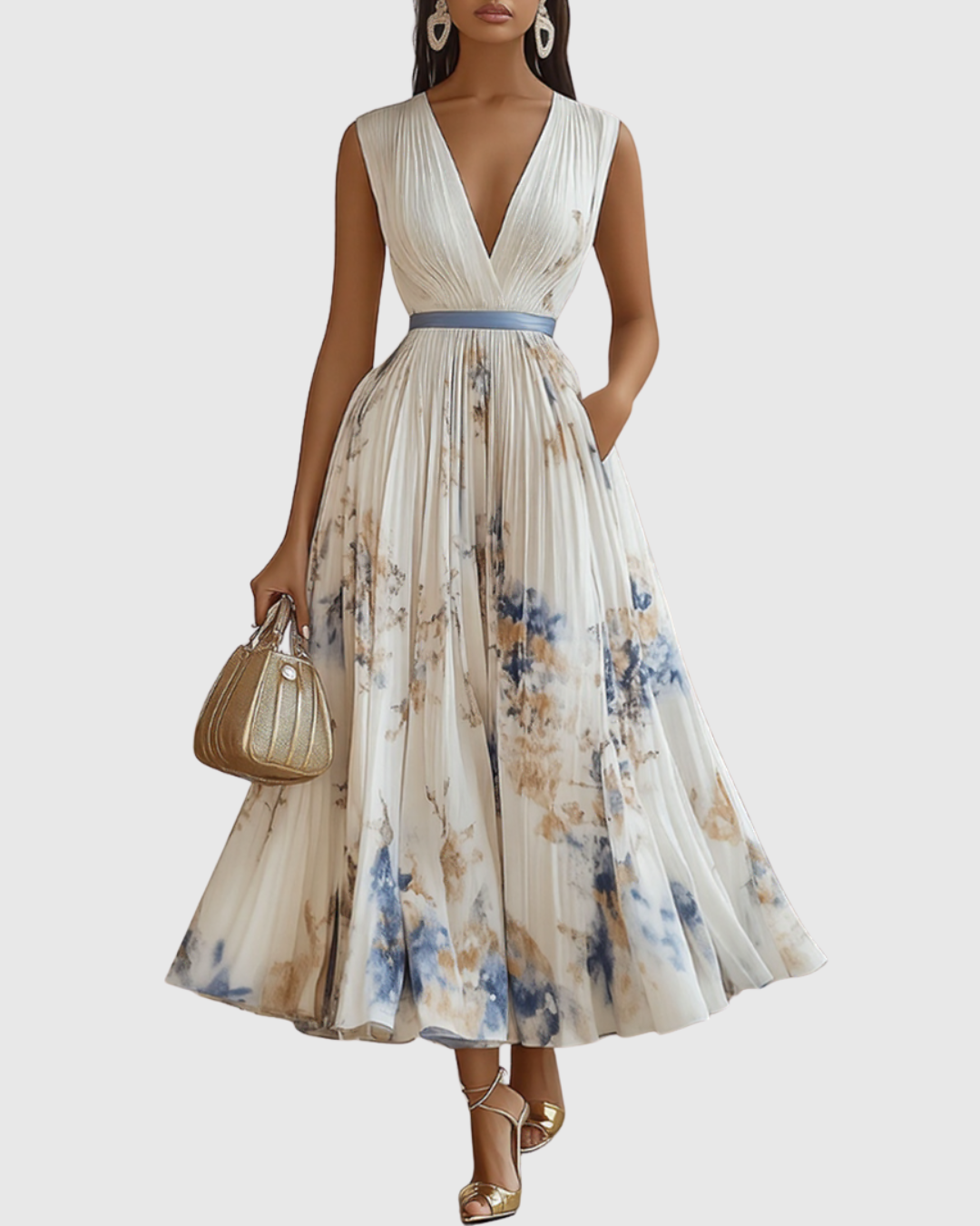 Vestido maxi floral manga longa decote V plissado com laço na cintura feminino
