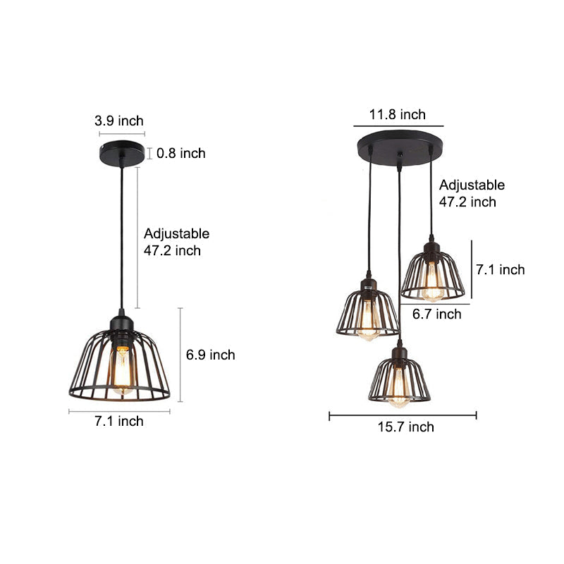 Lustre LED industrial retro gaiola de ferro preto 1 ou 3 luzes, estilo vintage