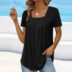 Blusa feminina manga curta com decote quadrado e detalhes franzidos