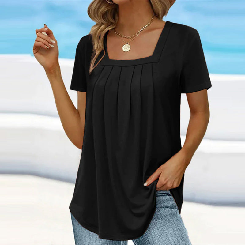 Blusa feminina manga curta com decote quadrado e detalhes franzidos