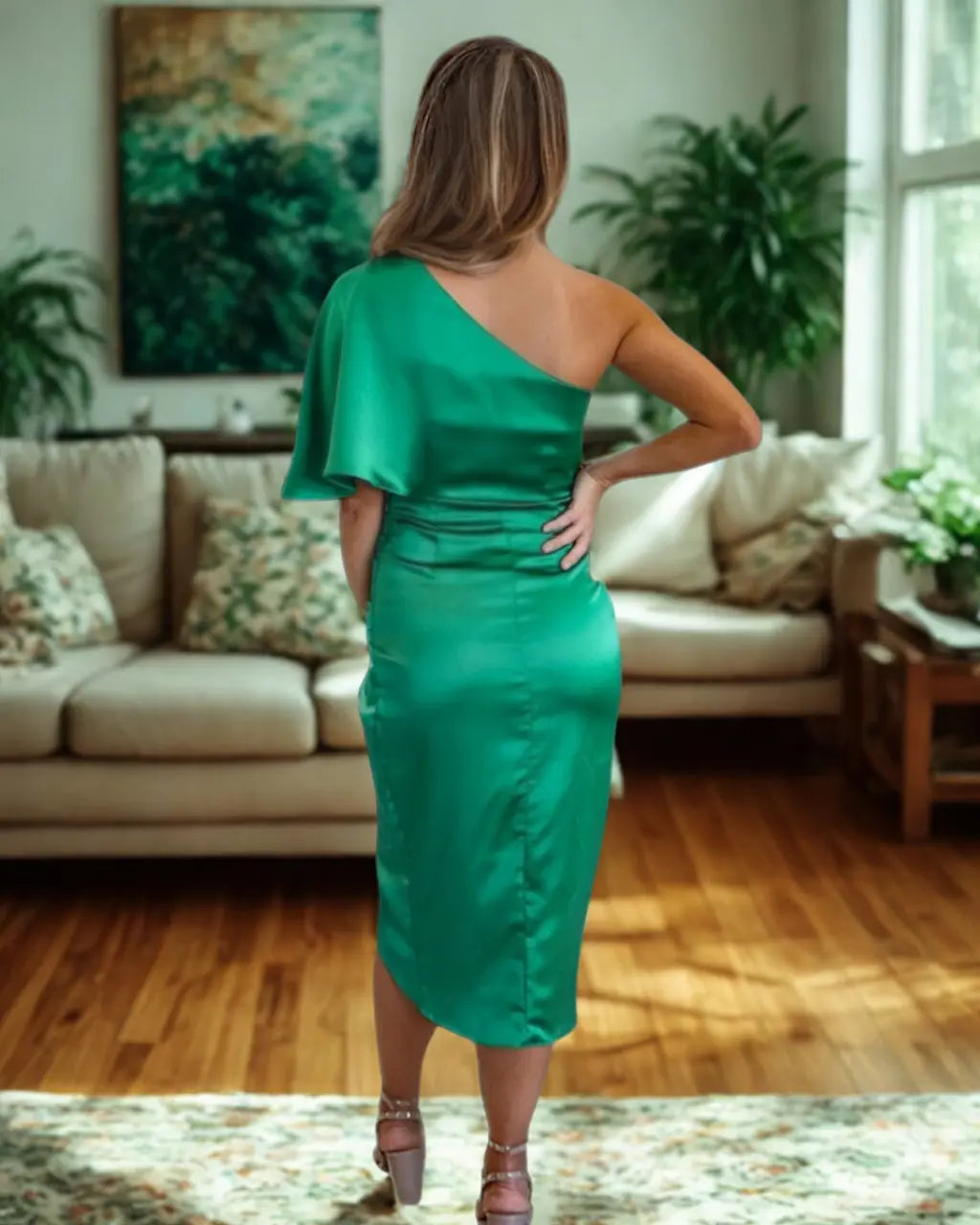 Vestido midi assimétrico drapejado feminino com ombro a nu e fenda discreta