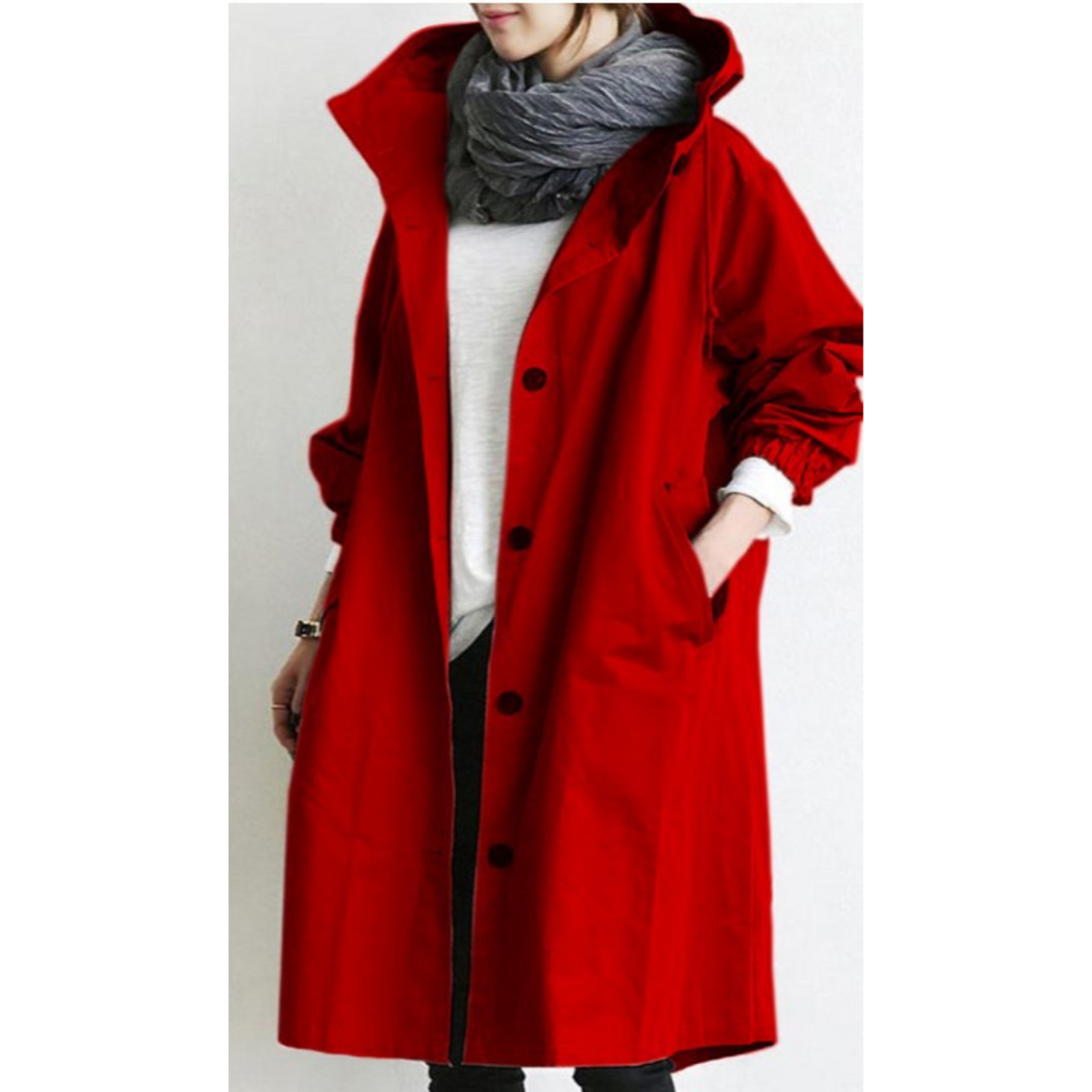 Casaco trench feminino longo com capuz ajustável em vários tons