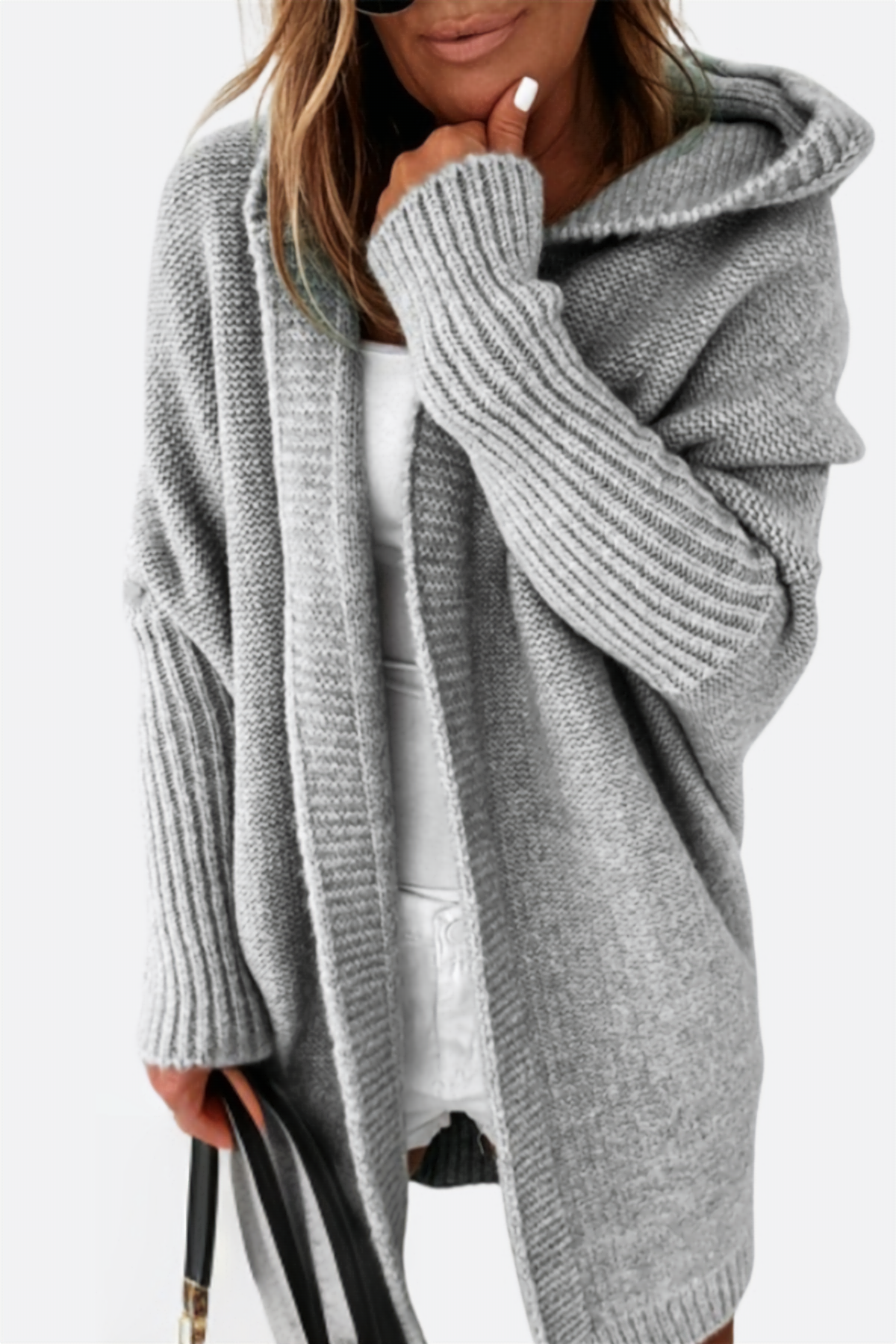 Cardigan oversize com capuz tricô feminino corte amplo